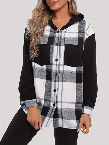 Trendy Plaid Hooded Jacket - Stylish Button Front Design, Long Sleeve Outerwear for Women - Comfortable & Versatile Print Clothing