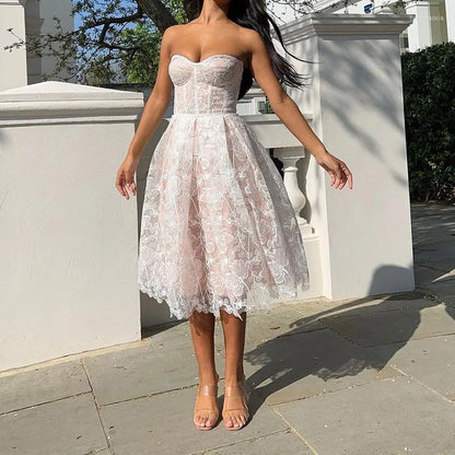 Casual Dresses  Elegant Charming Gowns Female Strapless High Waisted Embroidered Lace Tulle Pastoral Prom Dress Romantic Party Date