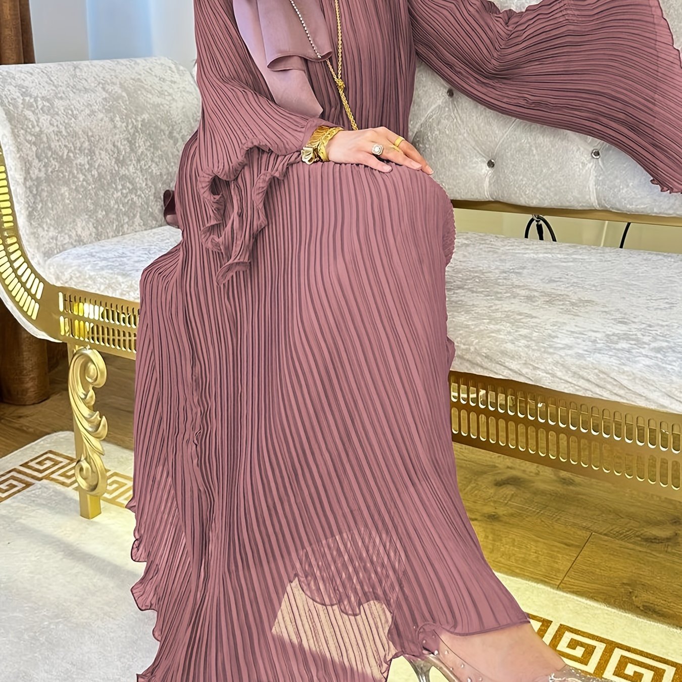 Stunning Pleated Flare Long Sleeve Abaya Dress - Elegant Lettuce Trim, Maxi Length, Flowy, Modest, Comfortable, Women's Islamic Clothing for Special Occasions - Perfect for Wedding, Party, and Daily Wear