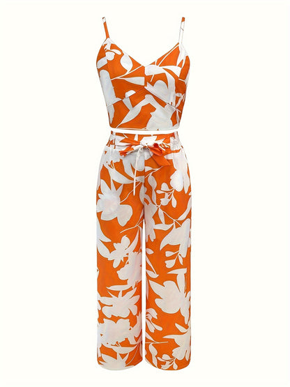 Vibrant Leaf Print Wide Leg Pantsuit - Elegant V Neck Backless Crop Cami Top & High Waist Tie Pants Outfit - Polyester, Machine Washable, Spring/Summer, Tropical Pattern, Woven Fabric