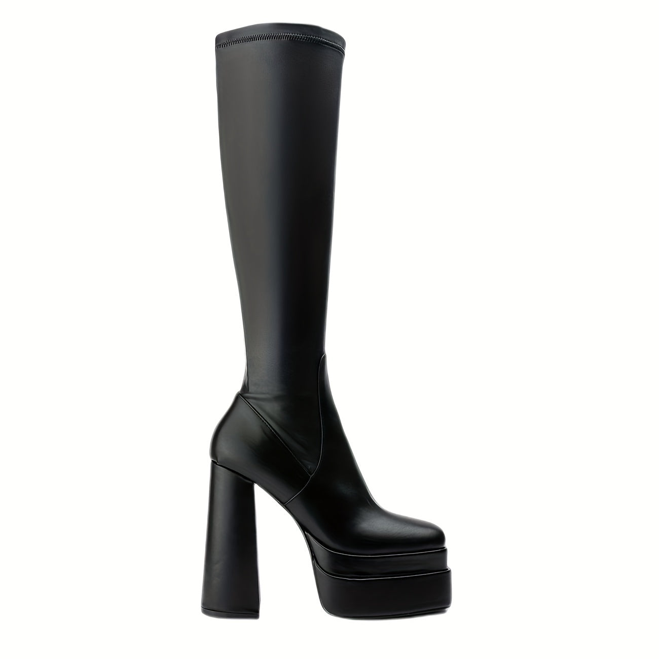 Women's Platform Knee High Boots, Solid Color Block Heel Square Toe Side Zipper Boots, Fashion Black Faux   Stylish Boots