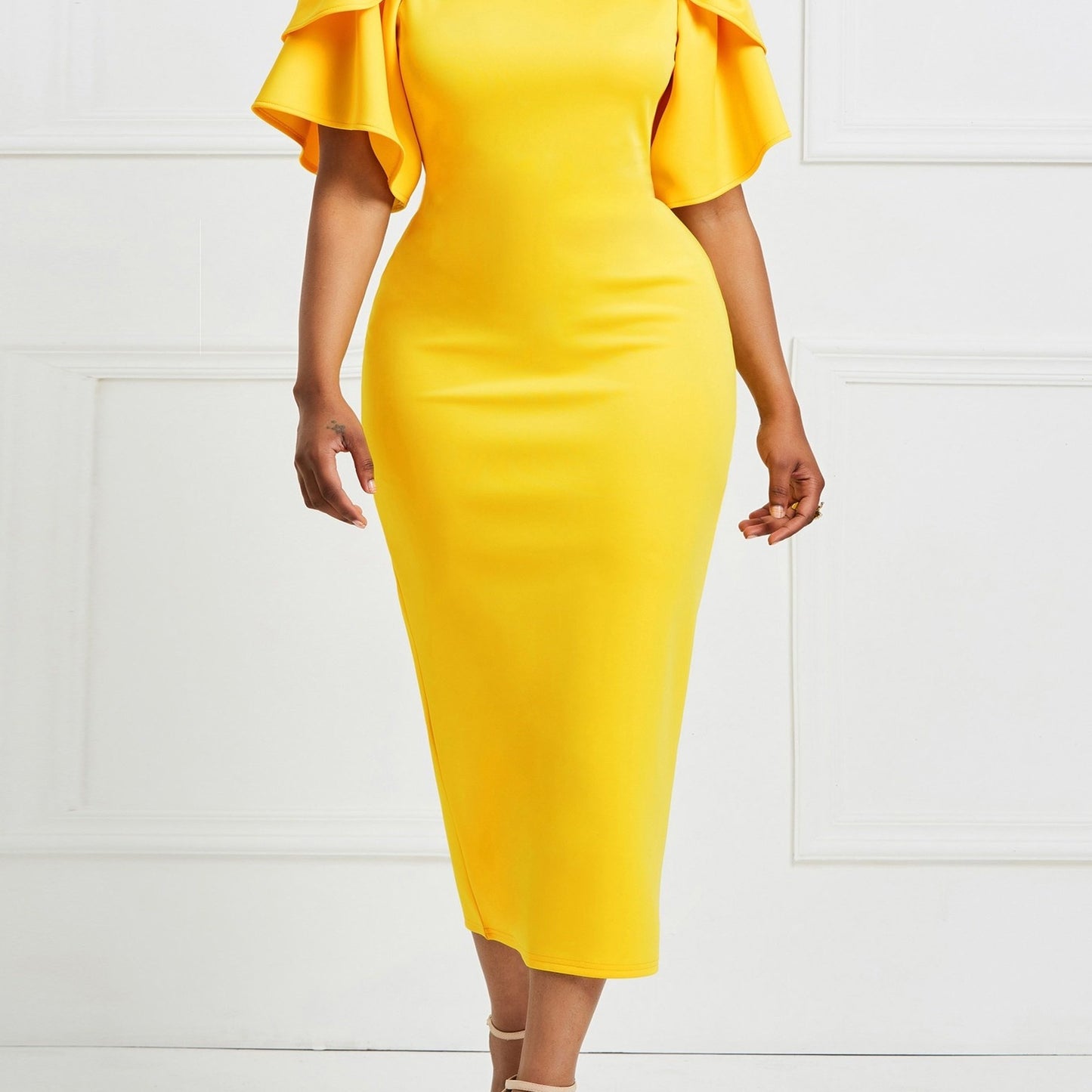 Long Sleeve Ruffle Midi Dress - Elegant Fitted Bodycon Dress for Women, Polyester Knit Fabric, Solid Color, Crew Neck, Short Ruffle Sleeve, No Belt, Perfect for Spring and Summer Elegant Dressing