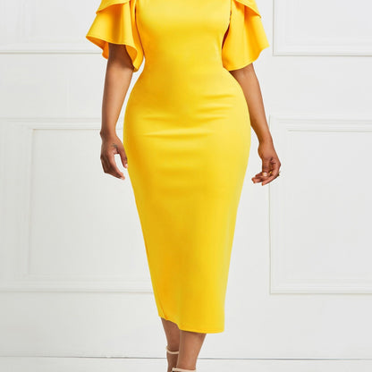 Long Sleeve Ruffle Midi Dress - Elegant Fitted Bodycon Dress for Women, Polyester Knit Fabric, Solid Color, Crew Neck, Short Ruffle Sleeve, No Belt, Perfect for Spring and Summer Elegant Dressing