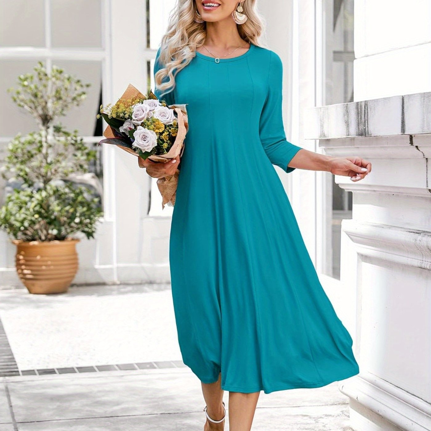 Vibrant Solid Color Crew Neck Midi Dress - Comfortable 3/4 Sleeve Loose Fit, Flattering A-Line Silhouette, Perfect for Spring & Summer, Women's Casual Clothing, Easy to Wear and Move Around