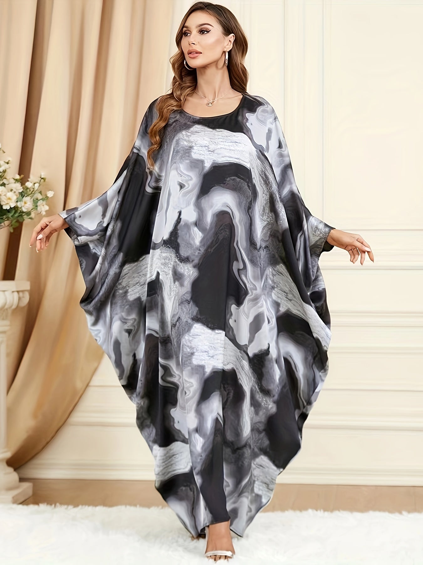 Vibrant Ramadan Kaftan Maxi Dress - Abstract Print with Comfortable Crew Neck & Batwing Sleeves - Timeless Elegance for Womens Fashion