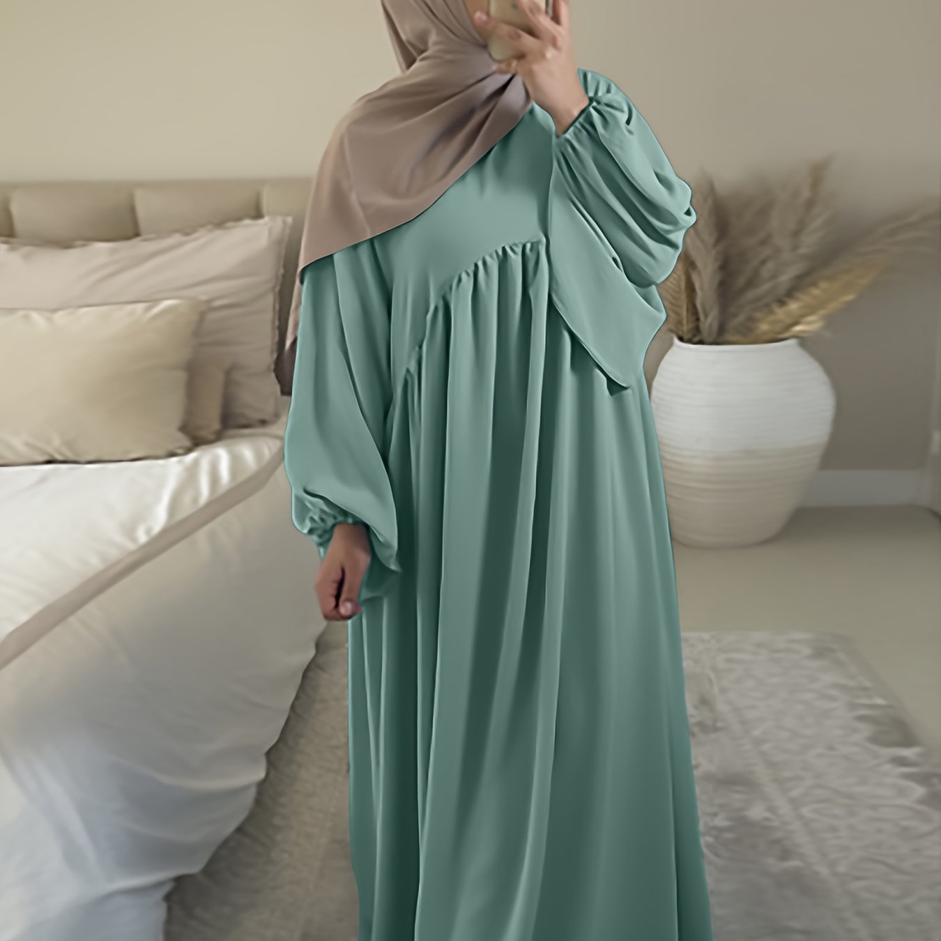 Stunning Ruffle Hem Maxi Dress - Elegant Lantern Sleeves, Modest Loose Fit, Solid Color, Women's Clothing for Everyday Elegance