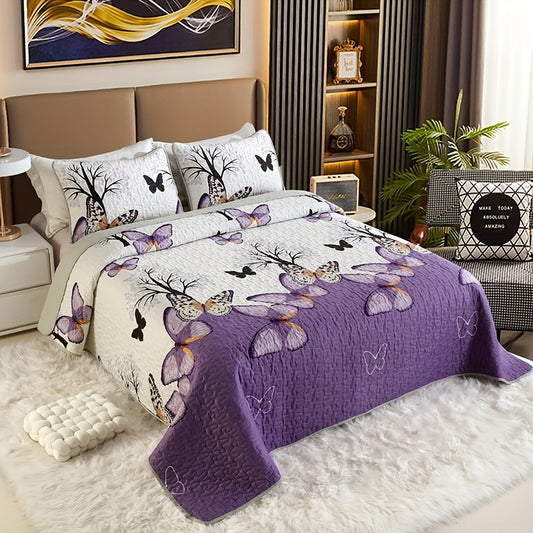 Contemporary 3-Piece Quilted Bedspread Set with Floral Butterfly Pattern, Machine Washable Polyester Coverlet with Embellished Features, All-Season Woven Bedding with Polyester Fill - Queen/King Size