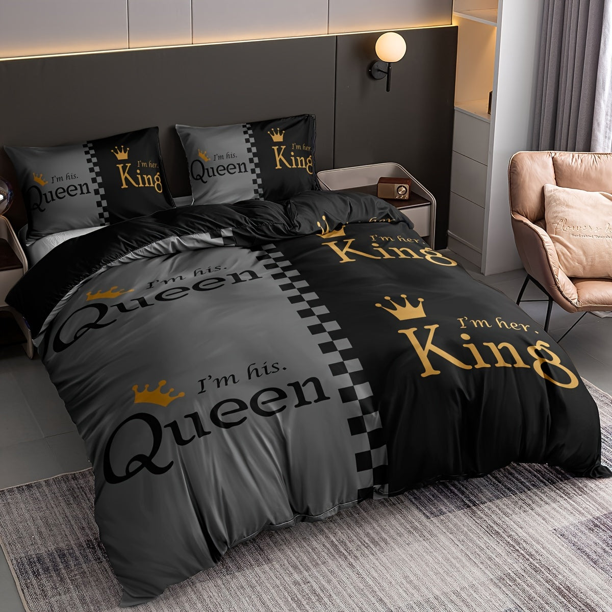 3pcs Duvet Cover Set (1*Duvet Cover + 2*Pillowcase, Without Core), Fashion Queen And King Crown Print Bedding Set, Soft Comfortable And Breathable Duvet Cover, For Bedroom, Guest Room