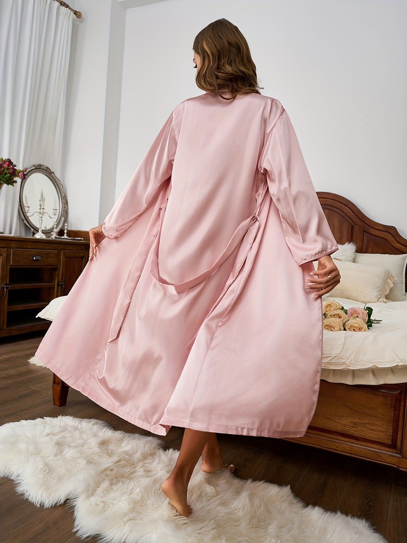 Cozy & Breathable Long-Sleeve Lounge Robe with Belt - V-Neck, Solid Color, Machine Washable - Perfect for Fall/Winter