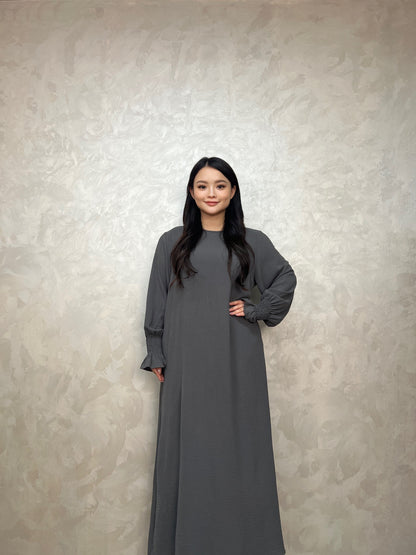 Luxurious Shirred Trim Lantern Sleeve Maxi Dress - Elegant Solid Color, Simple Loose Fit, Modest Chic, Women's Clothing for All Seasons