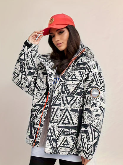 Geo Print Zip Up Parka, Casual High Neck Long Sleeve Winter Warm Outerwear, Women's Clothing