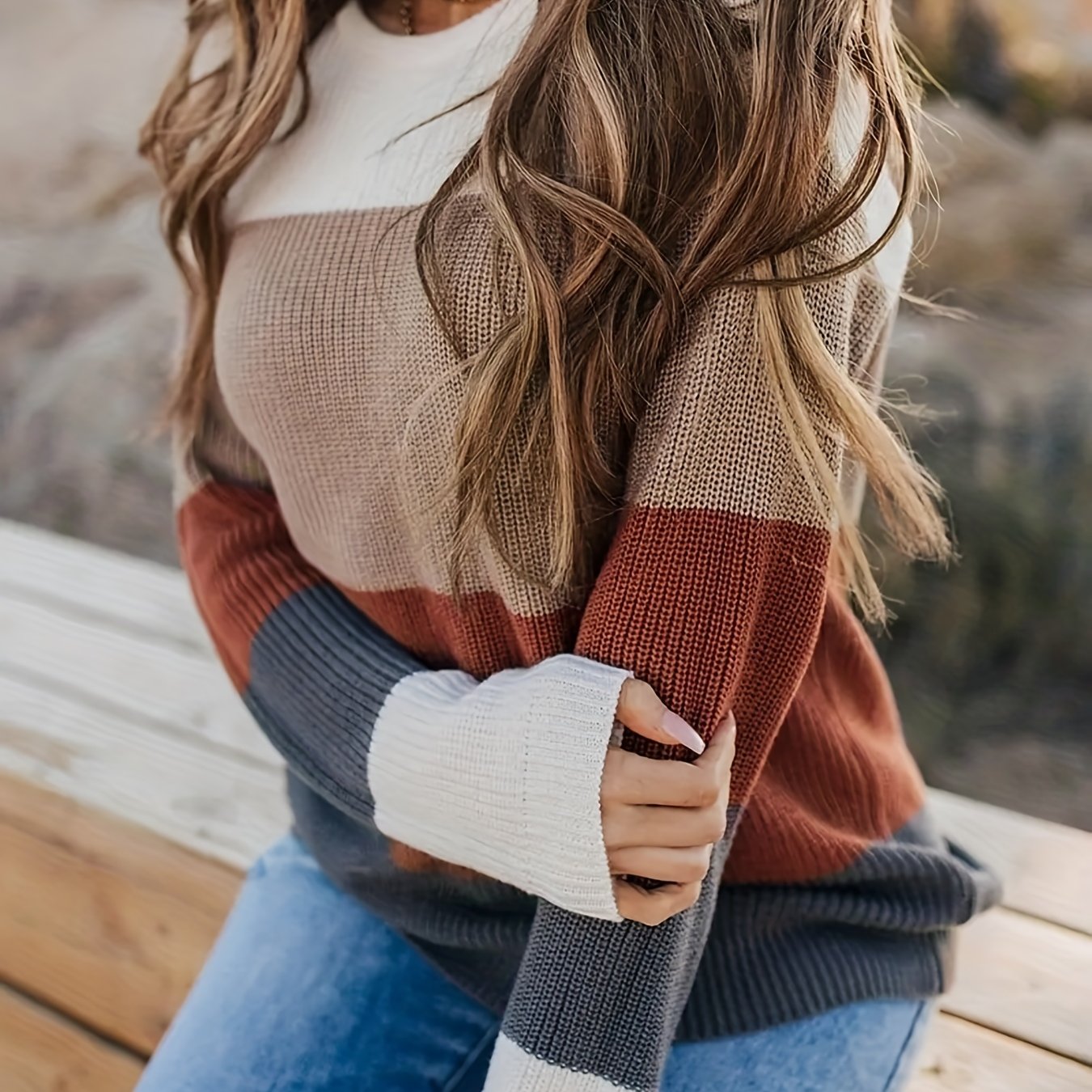 Vibrant Striped Knitwear Top - Soft Crew Neck Long Sleeve Pullover Sweater with Color Block Design, Relaxed Fit, and Cozy Fabric - Women's Casual Wear for Everyday Comfort