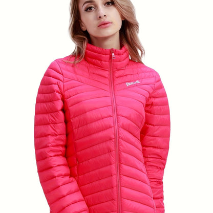 Womens Stylish Letter Embroidered Winter Jacket - Warm Thermal Insulation, Elastic Cuffs, Full Zip, Packable Down Coat for Ultimate Comfort and Convenience