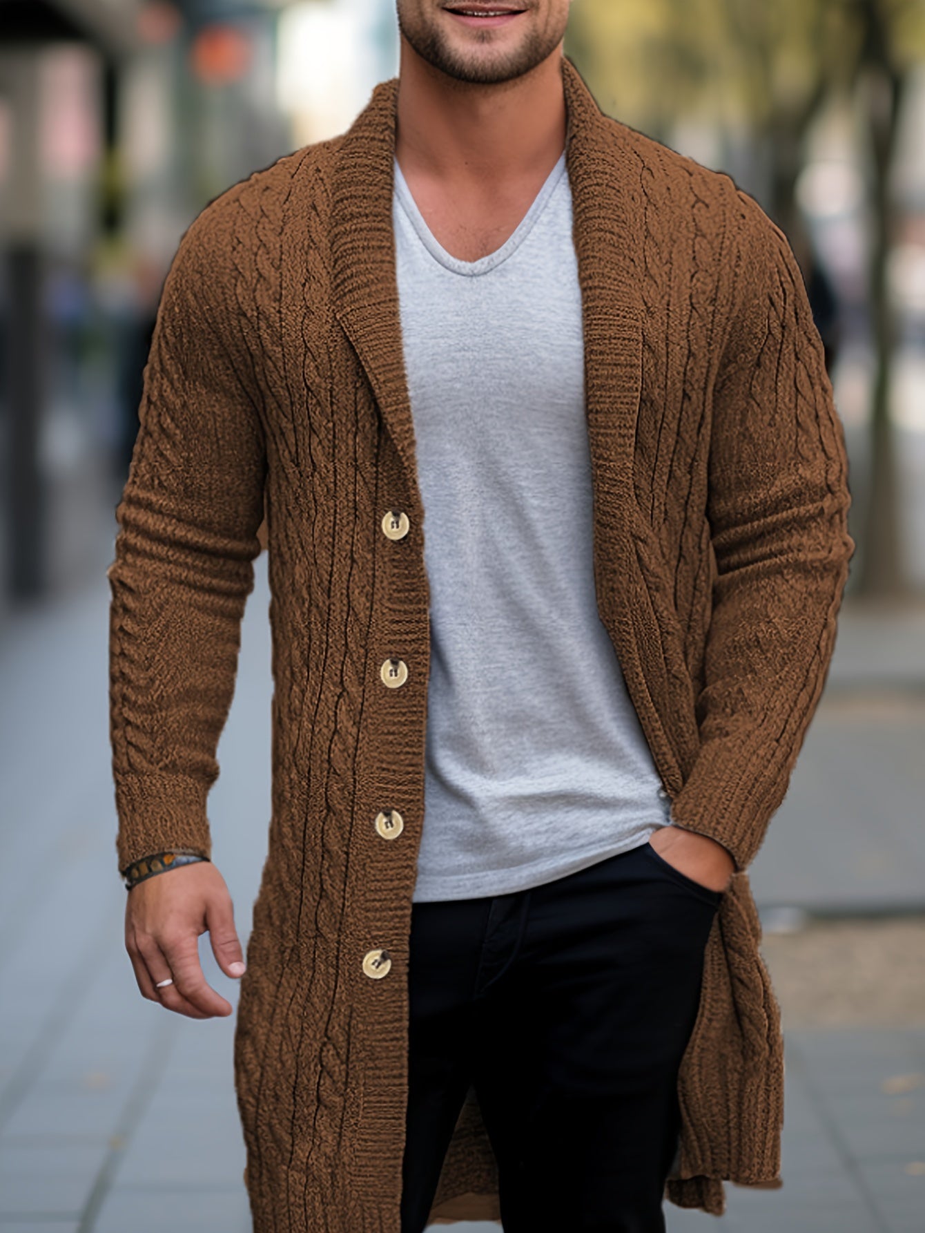 Mens Luxurious Mid-Length Loose Knit Cardigan Sweater - Fashionable Shawl Collar, Long Sleeve, Winter Thick Warm, Button-Front, Soft Brushed Fabric, Cozy Fit - Perfect for Casual Daily Wear, Outdoor Activities, and Gift Giving