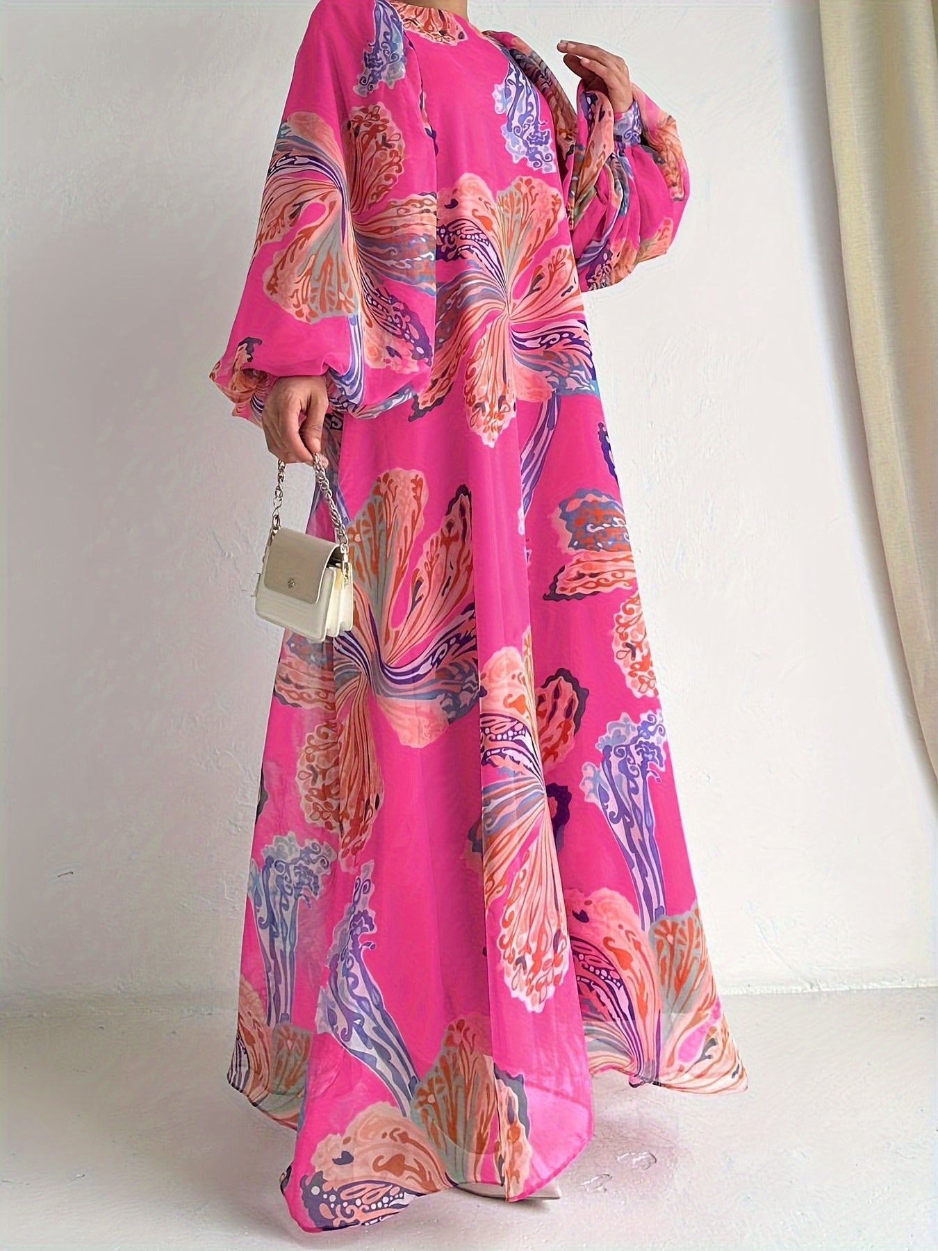 Floral Print Crew Neck Abayas Dress, Elegant Long Sleeve Maxi Length Dress, Women's Clothing