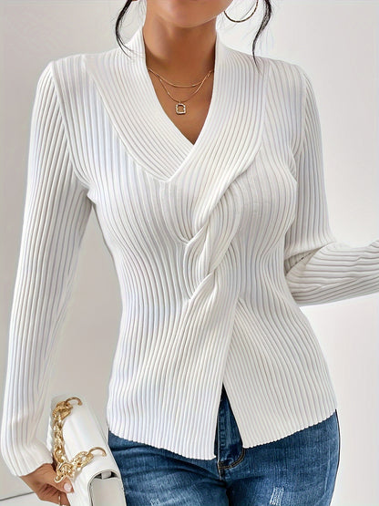 Twist V Neck Ribbed Sweater - Soft, Elegant, Slim Fit, Long Sleeve, Fall and Winter Essential - Women's Clothing for Everyday Wear