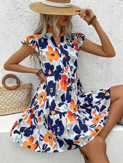 Vibrant Floral Print A-Line Dress - Notch Neck, Flutter Sleeve, Casual Chic, Spring & Summer Essential, Women's Clothing for Everyday Wear