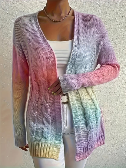 Plus Size Cozy Ombre Cable Knit Open Front Cardigan - Soft, Drop Shoulder, Long Sleeve, Vacation Style, Knitted, Relaxed Fit, Women's Comfortable Clothing for Curvy Figures