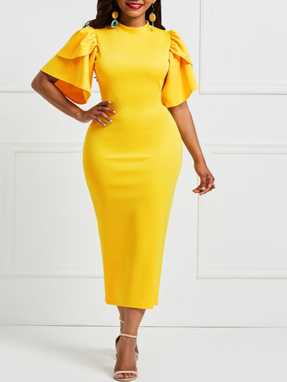 Long Sleeve Ruffle Midi Dress - Elegant Fitted Bodycon Dress for Women, Polyester Knit Fabric, Solid Color, Crew Neck, Short Ruffle Sleeve, No Belt, Perfect for Spring and Summer Elegant Dressing