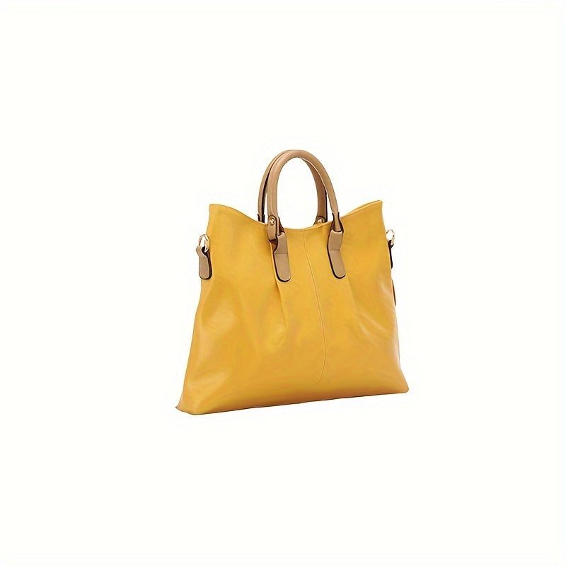 Chic Women's Genuine Faux Leather Tote Bag - Spacious & Stylish, Detachable Shoulder Strap, Zip Closure, Solid Color