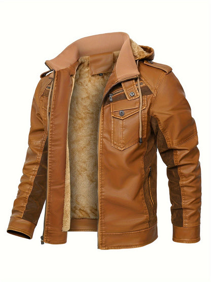 Mens Classic PU Leather Jacket with Fleece Lining - Warm, Water-Resistant, and Stylish for Motorcycle Enthusiasts - Perfect for Fall and Winter Daily Casual Wear