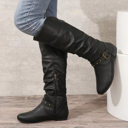 Women's Metal Beads Decor Boots, Fashion Side Zipper Dress Boots, Stylish Faux   Knee Boots