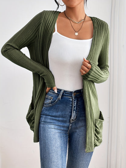 Solid Open Front Rib Knit Cardigan, Casual Long Sleeve Slim Cardigan With Pocket, Women's Clothing