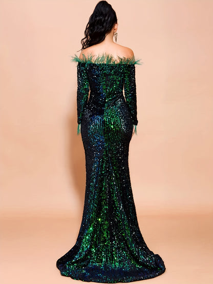 Long Sleeve Floor Length Sequined Off Shoulder Dress - Exquisite Feather Trim, Elegant Backless Design, Flowing Sleeves - Womens Formal Evening Wear