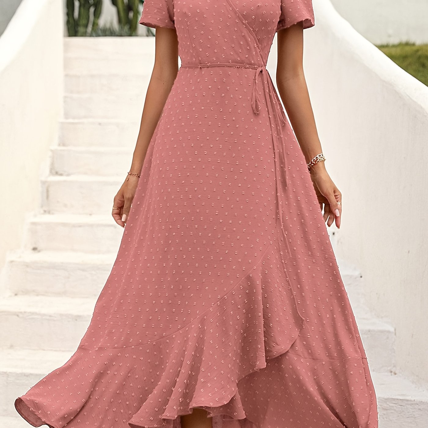 Vibrant Swiss Dot Maxi Dress - Elegant Surplice Neck, Short Sleeves, Split Thigh, Beachy Chic, Perfect for Spring & Summer, Women's Clothing, Comfortable and Flowy, Ideal for Outdoor Activities