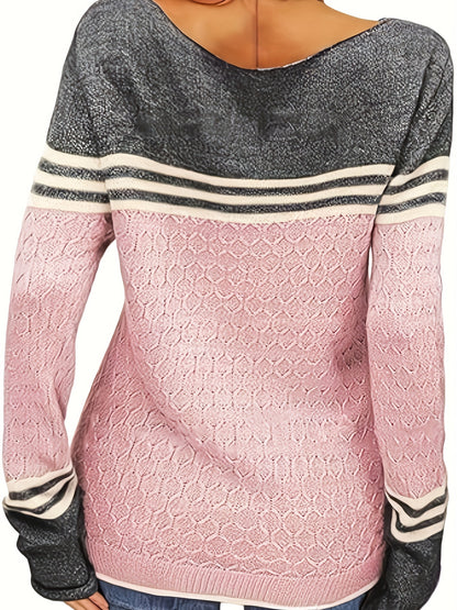 Cozy Autumn Winter Colorblock Pullover Sweater - Round Neck, Striped, Slim Fitting, Soft Knitwear Top for Women - Perfect for Casual Daily Wear, Outdoor Activities, and Layering Under Jackets