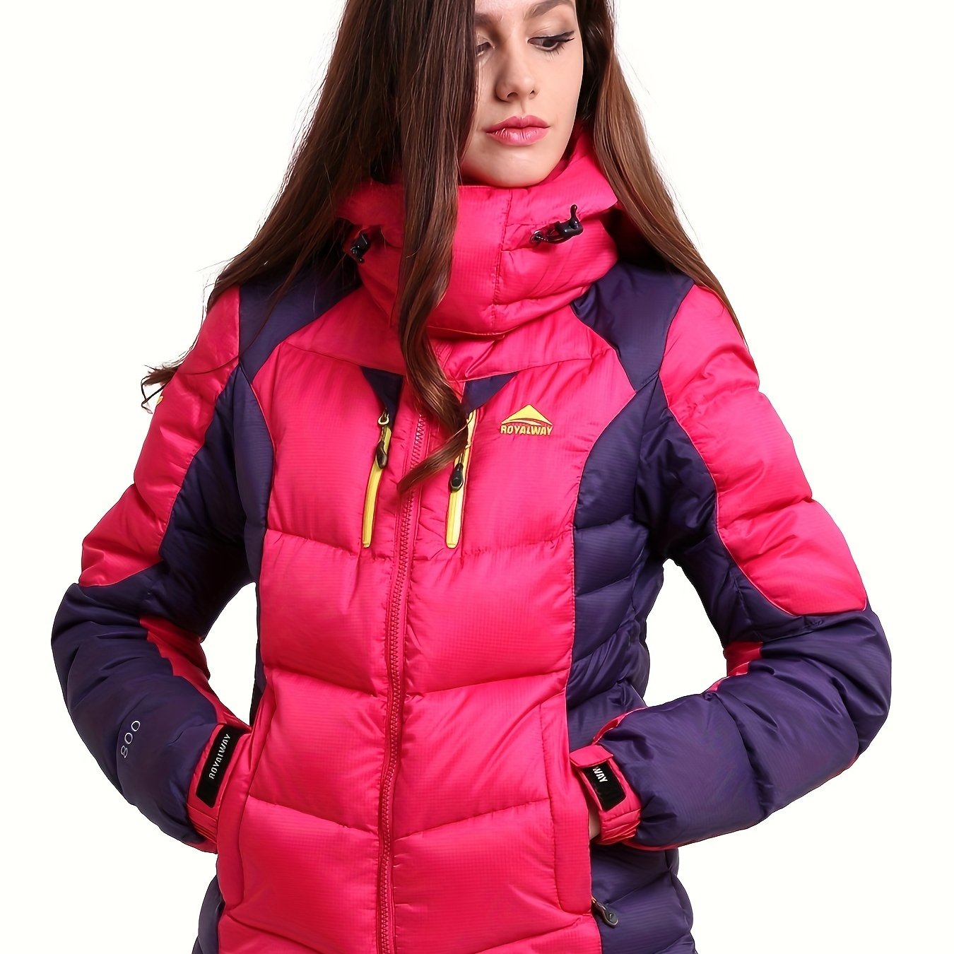 Women's Color Block Winter Thermal Down Jacket, Windproof & Waterproof Liner Comfortable Hooded Jacket