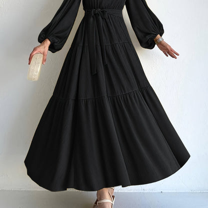 Elegant Ramadan Kaftan Dress for Women – Versatile Crew Neck, Lantern Sleeves with Belt, Casual Yet Stylish Polyester Abaya for All Seasons