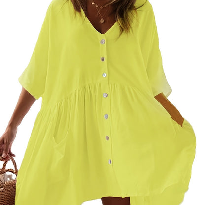 Chic Solid Color Loose-Fitting Dress - Versatile Button Front & Pockets - Perfect Half Sleeve Vacation Wear Coverup for Beach Days