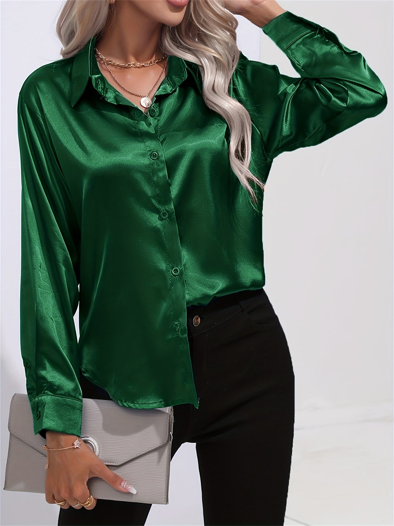 Effortlessly Chic Women's Casual Shirt: Long Sleeve, Solid Color, Lapel Collar, Dipped Hem, Micro-Elastic Fabric