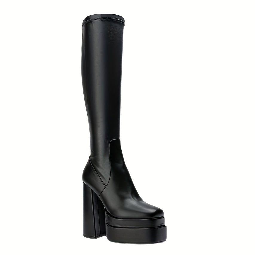 Women's Platform Knee High Boots, Solid Color Block Heel Square Toe Side Zipper Boots, Fashion Black Faux   Stylish Boots