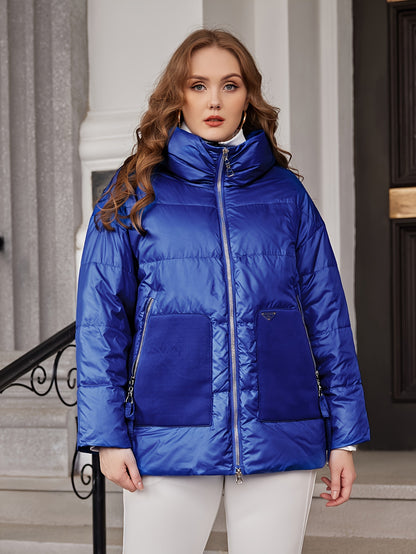 Plus Size Casual Coat, Women's Plus Solid Stitching Quilted Long Sleeve Zip Up Hooded Puffer Coat With Pockets