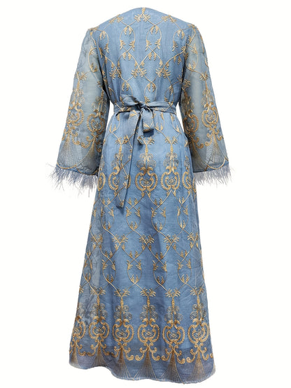 Floral Embroidered V-neck Long Sleeve Abayas Dress, Elegant Maxi Length Dress, Women's Clothing