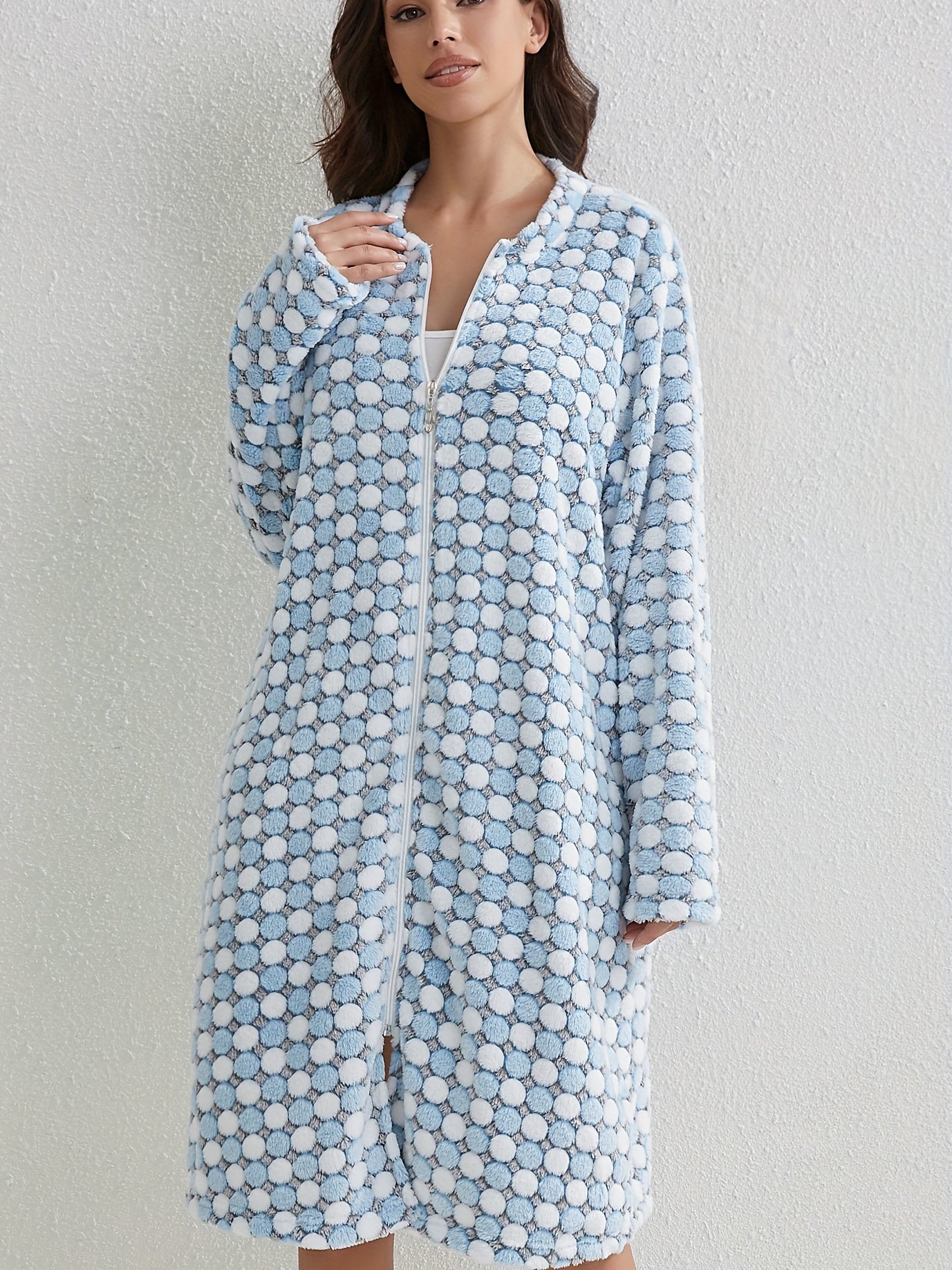 Cozy Long Sleeve Polka Dot Flannel Night Robe - Soft, Plush, and Warm Winter Sleepwear with Pocket for Women - Crew Neck, No Elasticity, Polyester Knit Fabric