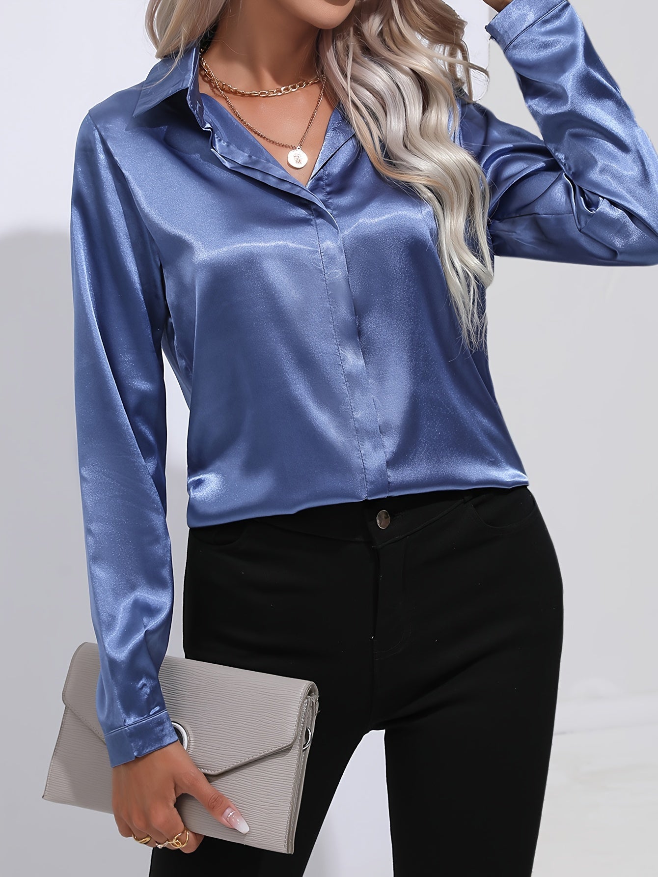 Stylish Solid Color Button-Up Shirt - Women's Elegant Long Sleeve Blouse for Spring & Fall - Classic Collared, Comfortable, Versatile, and Chic Clothing for Ladies