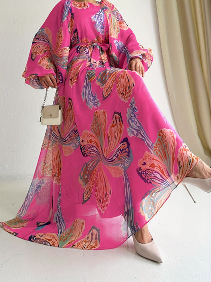 Floral Print Crew Neck Abayas Dress, Elegant Long Sleeve Maxi Length Dress, Women's Clothing