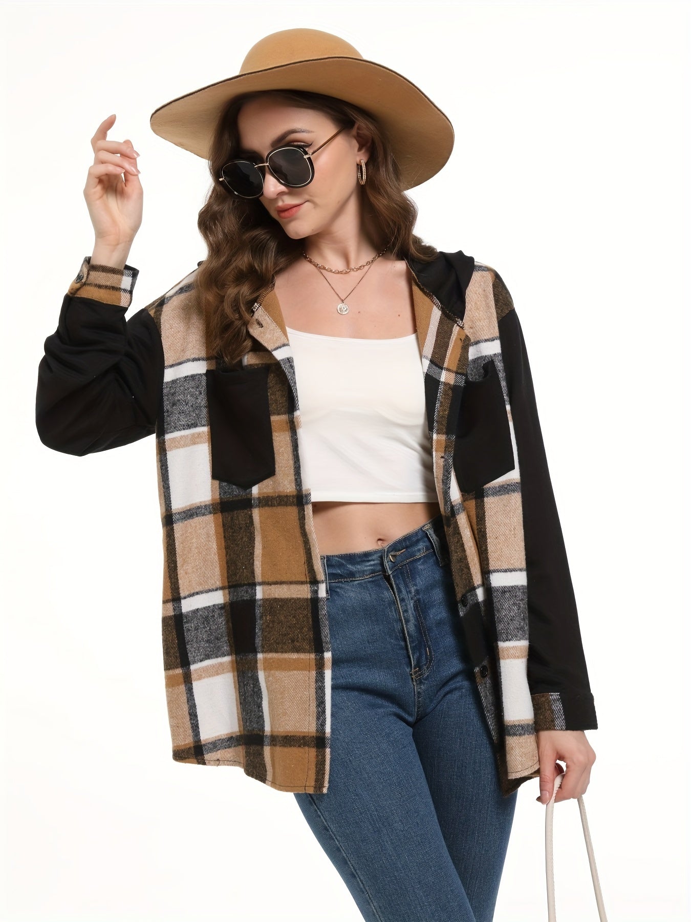 Trendy Plaid Hooded Jacket - Stylish Button Front Design, Long Sleeve Outerwear for Women - Comfortable & Versatile Print Clothing