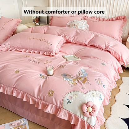 4pcs Soft Skin-Friendly Duvet Cover Set, Love Floral & Butterfly Embroidery With Large Ruffle Princess Style, Includes 1 Duvet Cover, 2 Pillowcases, 1 Flat Sheet, Breathable And Sweat-Wicking, Romantic Aesthetic Design, Comforter Not Included