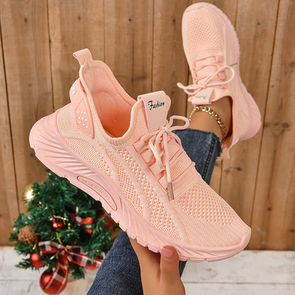 Women's Knitted Sports Shoes, Lightweight Lace Up Low Top Running & Tennis Sneakers, Breathable Gym Trainers for Holiday