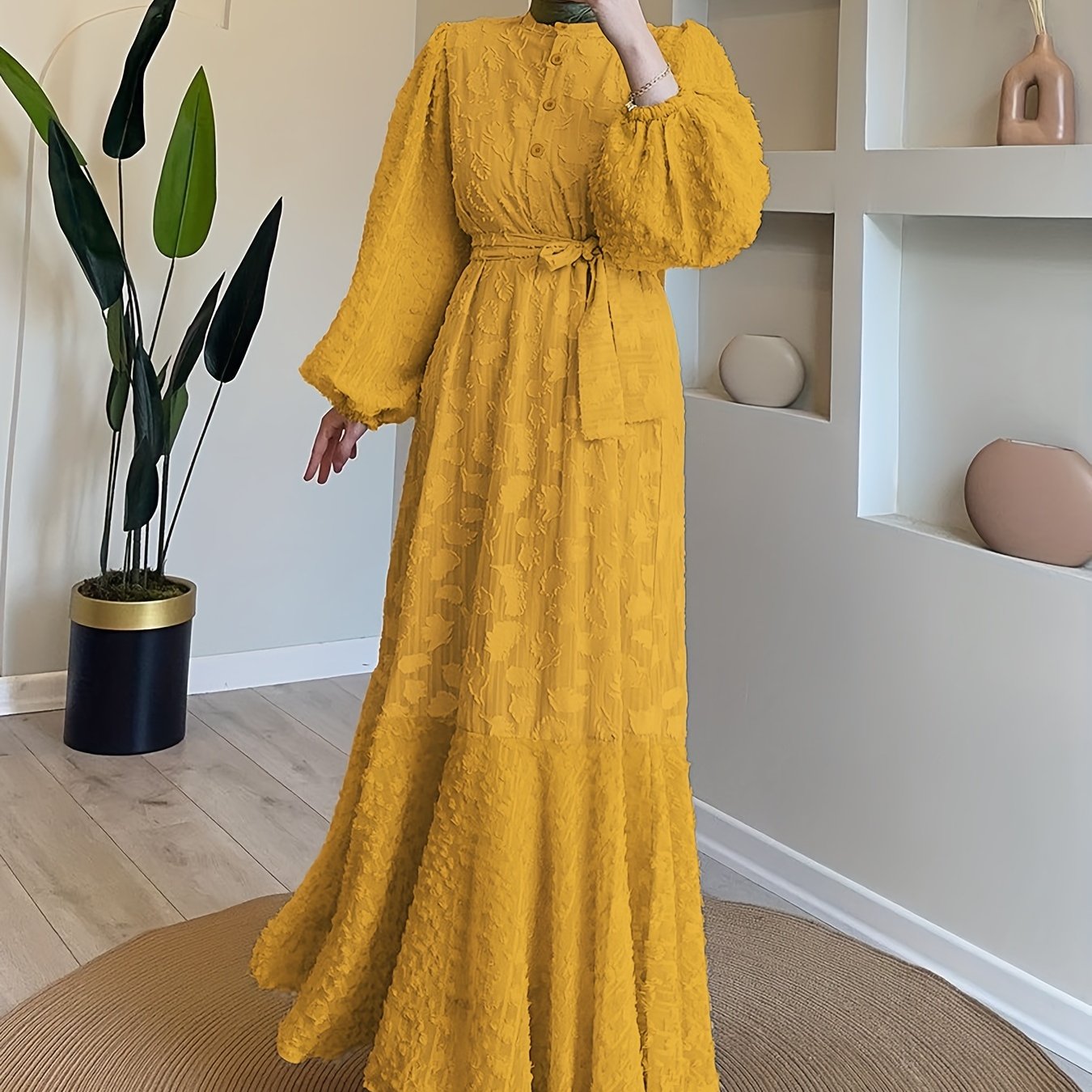 Elegant Jacquard Belted Maxi Kaftan Dress - Flowy Pleated Design, Lantern Sleeve, Button Front, Modest Solid Color, Comfortable Women's Clothing for Special Occasions