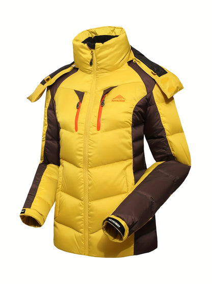 Women's Color Block Winter Thermal Down Jacket, Windproof & Waterproof Liner Comfortable Hooded Jacket