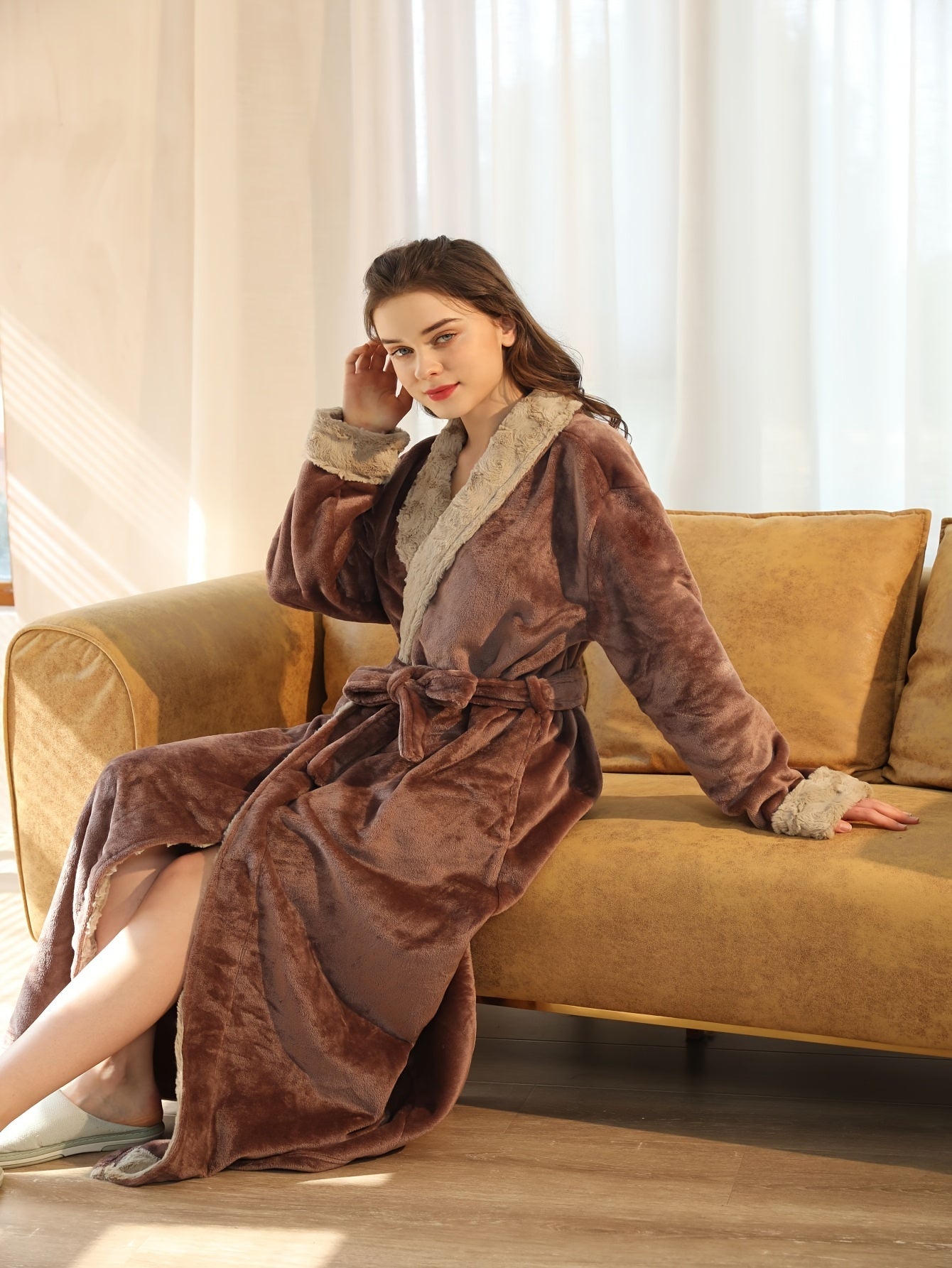 Casual Solid Fleece Lounge Robe, Thickened Long Sleeve Lapel Collar Robe With Belt, Women's Loungewear