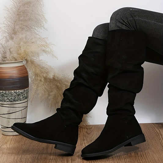 Women's Slouch Knee High Boots, Comfortable Square Toe Pull On Long Boots, All-Match Suedette Boots