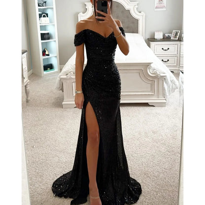 Casual Dresses Women's Sexy Strapless Sequins Evening Prom Dress Chic Off Shoulder High Slits Sparkling Party Maxi Female Bridemaid Birthday Dress