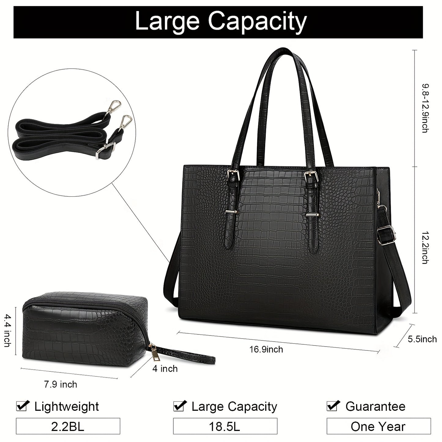 Lubardy Laptop Bag For Women 15.6 Inch Laptop Tote Bag PU Leather Classy Computer Briefcase For Work Waterproof Handbag Professional Shoulder Bag Women Business Office Bag Purse 2pcs Set (Dark Black)