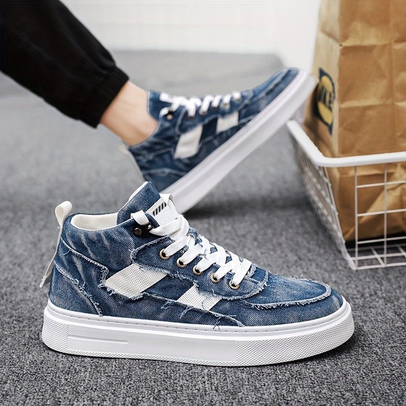 Men's High-Top Skateboarding Shoes Casual Fashion Denim - Solid Color Lace-up Sneakers for All Seasons, Spring & Fall - Comfortable Fabric Inner & Insole, Durable Rubber Sole, Round Toe - Suitable for Daily & Hiking Activities